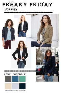 an advertisement for a women's clothing line featuring jackets, sweaters and jeans