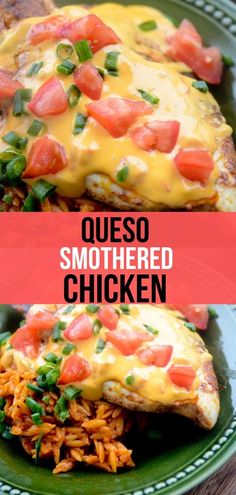 two pictures of quesadillas on a green plate with the words queso smothered in cheese