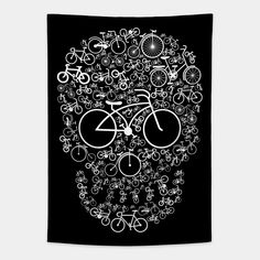 a black and white drawing of a bicycle skull