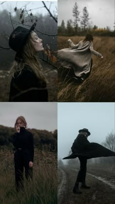 four different pictures with one woman in black and the other is wearing a gray cloak