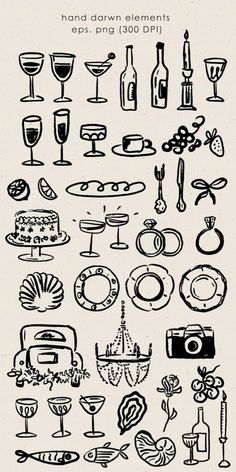 a bunch of different types of items on a white background with the words hand drawn elements