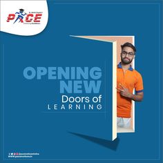 a man in an orange shirt is standing behind a door with the words opening new doors of learning