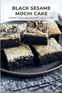 black sesame mochi cake on a plate with text overlay that reads, black sesame mochi cake