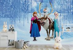 the frozen princess and her friends are standing in front of an icy forest wall mural