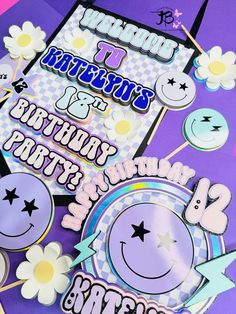 an assortment of stickers on top of a purple background with the words happy birthday and smiley face