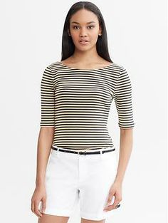 Striped Elbow-Sleeve Tee Elegant Fitted T-shirt With Scoop Neck, Chic Boat Neck Top For Work, Classic Scoop Neck Top For Workwear, Classic Scoop Neck Top For Work, White Fitted Top With Scoop Back, Casual Fitted T-shirt With Boat Neck, Chic Fitted Top With Scoop Neck, Summer Boat Neck Blouse, Fitted Boat Neck T-shirt For Summer