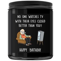 an old man is sitting in a chair with his eyes closed and the words happy birthday written on it