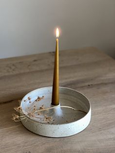 a small candle is sitting in a bowl on a table