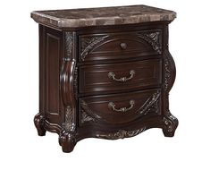 an ornate wooden night stand with marble top and drawer pulls on the bottom, against a white background