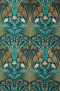 an art deco wallpaper pattern with flowers and leaves in green, gold and orange colors