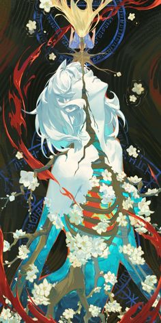 an anime character with white hair and blue eyes, holding flowers in her hand while standing on