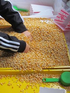 a child playing in a bin full of corn