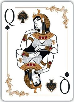 the queen of spades playing card is shown in black and white with gold accents