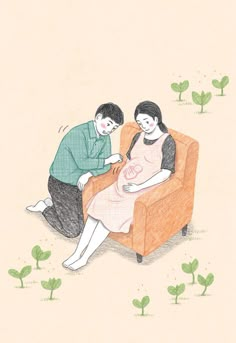 a drawing of a man and woman sitting on a couch with plant life in the background