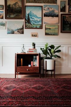 a living room with pictures on the wall and a potted plant next to it