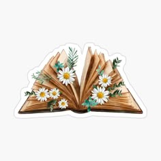 an open book with daisies and leaves on it sticker is shown in white