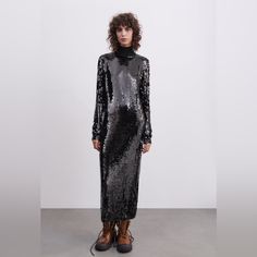 Nwt Zara Woman Long Sequin Sequined Dress Limited Edition Black Size M Black Long Sleeve Maxi Dress With Sequins, Fall Sequin Maxi Dress, Sequin Maxi Dress For Fall, Fitted Sequin Maxi Dress For Fall, Winter Maxi Length Dresses For Night Out, Winter Maxi Dresses For Night Out, Maxi Length Dresses For Winter Night Out, Black Sequined Dresses For Fall, Black Maxi Dress For Fall Party