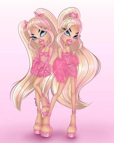 two barbie dolls standing next to each other in front of a pink background with the caption's name on it