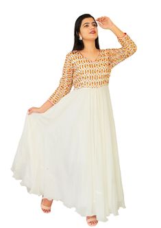 This gorgeous embroidered White Chinon Dress is a good pick for any upcoming occasion , Phulkari multi-color embroidery & golden sequins work 3/4 sleeves, Perfect for ethnic festivals, Parties and other occasions! Product Code: ACK21361 Fabric: Pure Chinon & fine quality santoon for lining Stitching: Fine tailored  Size Info.:  Sleeves- 17",  Chest- 40",  Waist- 36" to 38" (half elastic),  Length- 52" Washcare: Dry clean recommended Message: You can also buy a matching scarf from our collections. Feel free to contact us for queries. Note: Product color may slightly differ from the image. Please note the we offer expediate shipping, that only speeds up the shipping time, our processing time will not be effected. White Pleated Dress, Dress Ankle Length, Maxi Dress White, Color Embroidery, Embroidered Maxi Dress, White Maxi Dresses, Dress Clothes For Women, Pleated Dress, Dress White