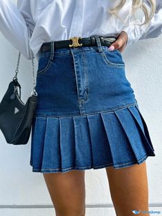 Orcajump - Modern Denim Pleated Skirt with Stylish Denim Paneling - A Trendy Denim Midi Skirt Denim Pleated Skirt, Trendy Denim, Denim Midi Skirt, Types Of Skirts, Pleated Skirt, Midi Skirt, Dark Blue, Skirt, Blue