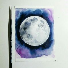 a watercolor painting of a full moon in the night sky with purple and blue hues