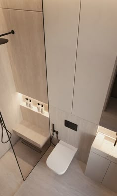 a white toilet sitting in a bathroom next to a wall mounted shower head and sink