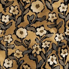 an abstract floral design with leaves and flowers on a black, gold, and white background