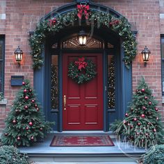 a red door with christmas wreaths and decorations on the front entrance to a brick building