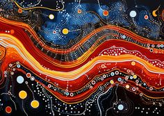 an abstract painting with lots of circles and lines on the surface in red, orange, yellow and blue