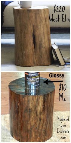 two pictures showing how to make a tree stump coffee table