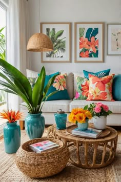 a living room filled with lots of furniture and flowers on top of a coffee table