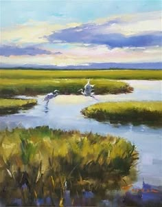 an oil painting of a marshland scene