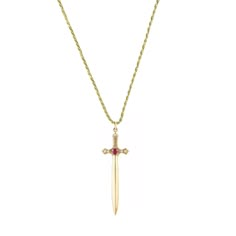 18k gold plated 925 sterling silver Clear and Garnet Stones Adjustable chain: 18"-20" Charm 38mm in length Spiritual Jewel Pendant Necklace, Spiritual Pendant Necklace With Jewels, Dagger Jewelry, Dagger Necklace, Edgy Jewelry, Dragon Jewelry, Custom Pendants, Garnet Stone, Jewelry Inspo