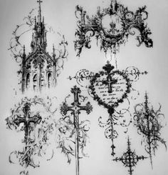 an artistic drawing of gothic crosses and church spires in black ink on white paper