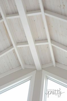 the inside of a room with wooden ceiling and white painted wood paneling on the walls