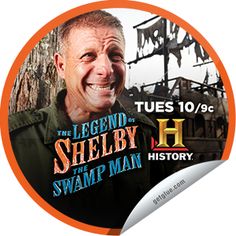 the legend shelby and the swamp man is featured in this round sticker