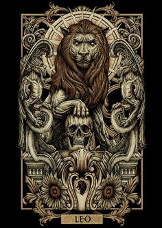 a drawing of a lion and two skulls on a black background with the words leo above it