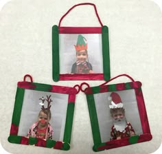 three christmas frames with two babies dressed as santa claus and one wearing a reindeer hat