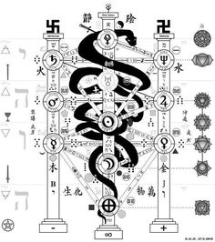 an abstract design with various symbols and letters in black and white, including the letter s