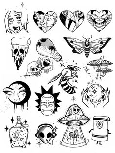 some cartoon characters with different faces and body parts on them, all in black and white