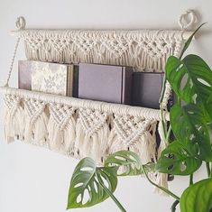 a macrame hanging from a wall with books on it and a potted plant next to it