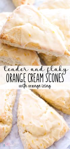 orange cream scones with orange icing on top and the words tender one bite