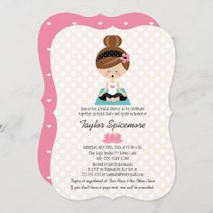 Yoga bridal shower invitations with cute and kawaii brunette yogi exhaling a deep breath while sitting pretty on a blue yoga mat in her heart pink and white tank top black yoga pant leggings and black and white polka dot and pink flower headband. A pink lotus flower on a cream and white polka dot background on the front and a pink and white polka heart pattern on the back. This makes a cute invite for a yoga themed bridal shower party. Artwork © Chrissy H. Studios LLC. All rights reserved. Easy Party Artwork, Blue Yoga Mat, Pink Flower Headband, Lotus Flower Mandala, International Day Of Peace, Black And White Wedding Invitations, Purple Wedding Invitations, Black Wedding Invitations