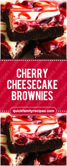 cherry cheesecake brownies are stacked on top of each other