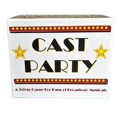 a white box that says cast party with gold stars on the front and bottom side