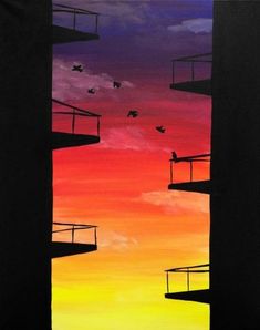 a painting of birds flying in front of a colorful sunset with silhouettes of buildings