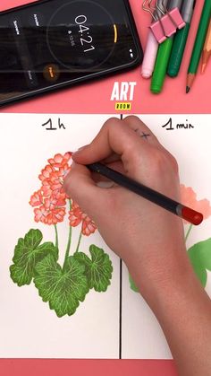 a person is drawing flowers on paper with colored pencils and crayon pens