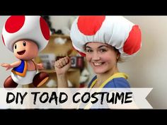 a woman wearing a mushroom costume next to a stuffed animal doll with the words diy toad costume on it