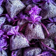 purple bags filled with lots of different types of things in them and tied up together