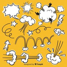 cartoon clouds and lightnings on yellow background